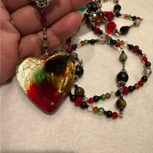 Murano Glass Multicolor Heart Pendant Necklace Mixed Stones and Glass